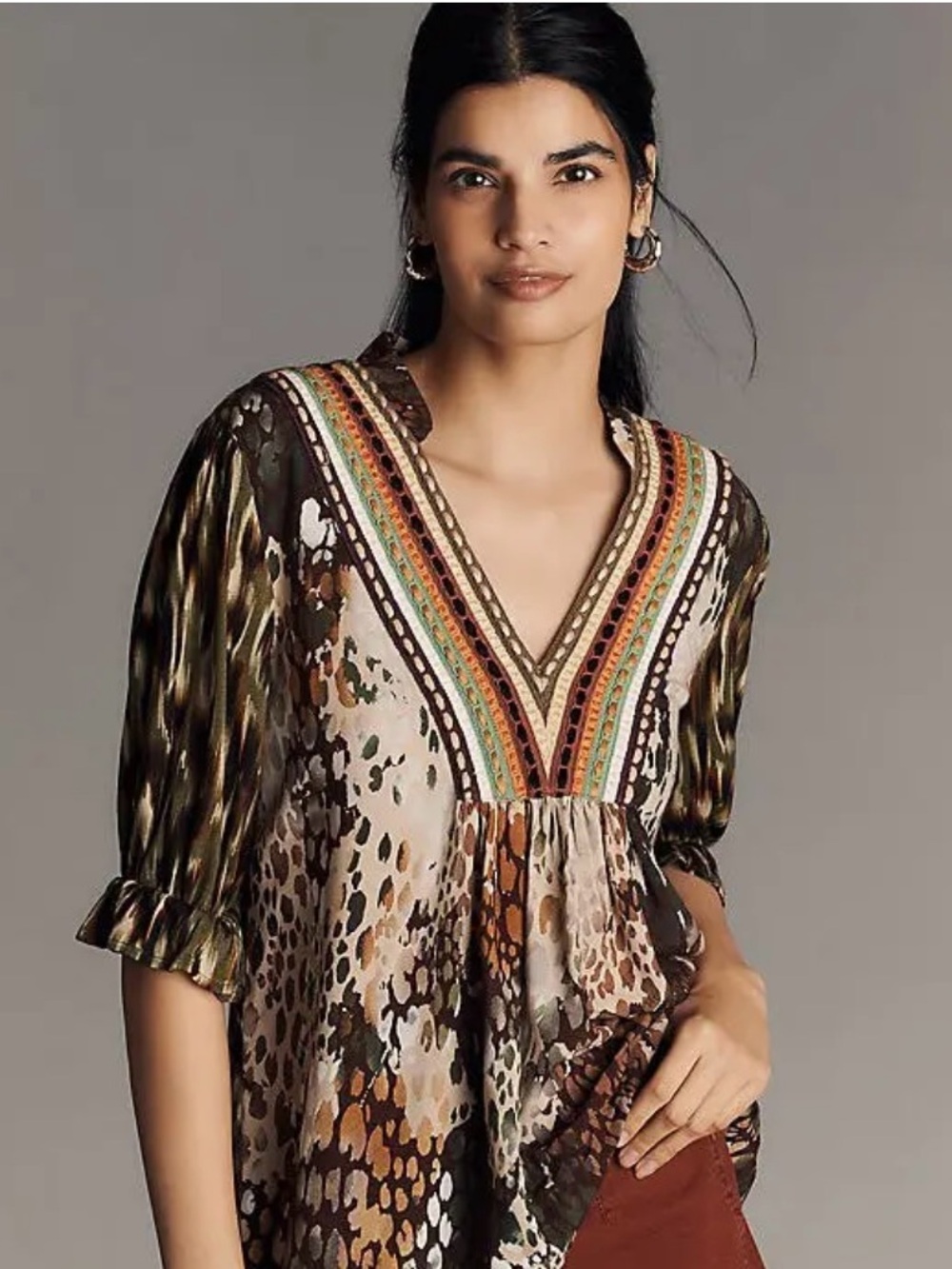 Anthropologie Blank London V Neck Mixed Print Peasant Top